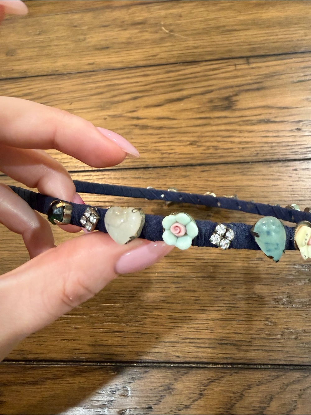 Gemstone Navy Fabric Headband with Mint Floral & Pearl Accents - Picture 4 of 8